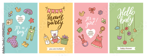 Baby shower card invitation poster collection for newborn girl and boy, cute vector greeting templates with baby party, bear, duck, pacifier, bottle, romper, dress and gift