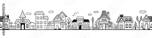 Town street village border doodle panorama with houses and homes in a neighborhood skyline, hand drawn residential facades, trees, lamps and clouds, monochrome vector banner illustration