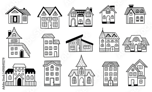 House building cottage hand drawn vector set with townhouse, villa and home facades, monochrome outline residential architecture icons for real estate, housing and village design