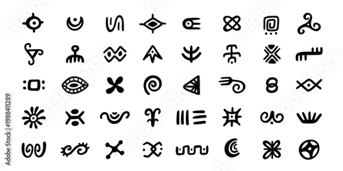 African tribal symbols and glyph icons, abstract ethnic folk marks and mystical ornamental signs, black hand drawn vector set of primitive spiral emblems and logo elements