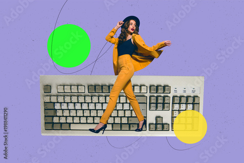 Tableau sur toile Contemporary artwork collage of happy businesswoman man stand keypad wireless de