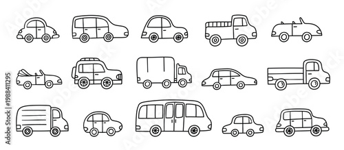 Car vehicle doodle set with auto, truck, pickup, van, minibus, bus, SUV, sedan, hatchback and convertible, hand drawn outline transport icons in black and white vector illustration