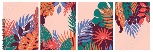 Tropical leaves banners with colorful exotic foliage, monstera, palm and philodendron framing vertical layouts with copy space, decorative jungle templates for poster or invitation