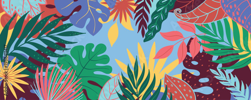 Tropical leaves background with colorful exotic foliage, monstera, palm, caladium and philodendron forming decorative frame, vibrant jungle border for banner or poster design