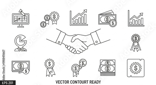 Business handshake with financial icons and charts vector illustration.