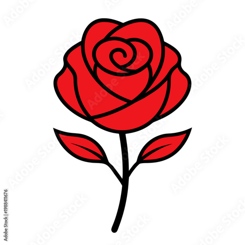 Circular red rose flower with swirling internal petal shapes and two matching red leaves on a black stem against a white background.