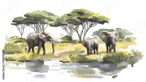 Selous Game Reserve. Selous Game Reserve hand drawn watercolor illustration on white background