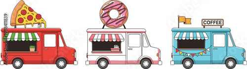Set of 3 Food Truck Illustrations Featuring Pizza, Donut, and Coffee Trucks with Colorful Banners and Outdoor Stall Designs