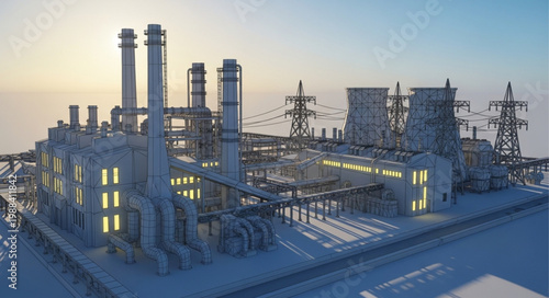 Industrial power plant with tall chimneys and electrical towers.