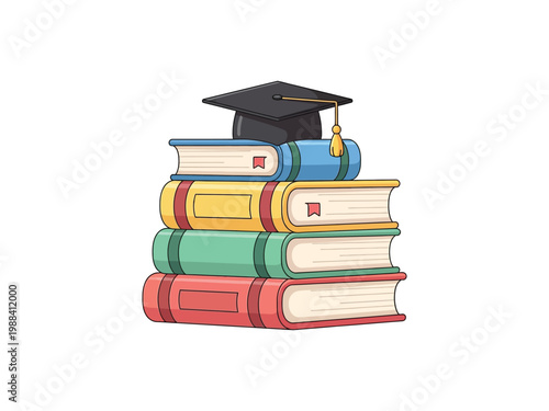 Colorful pile of books with bookmarks and academic graduation cap for school celebration.