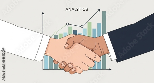 Business partners shaking hands over analytics chart.