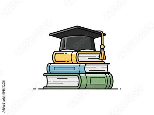 Graduation cap on three thick textbooks indicating higher education and academic success.