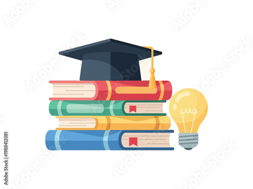 Stack of colorful books with a graduation cap and a glowing light bulb education concept.
