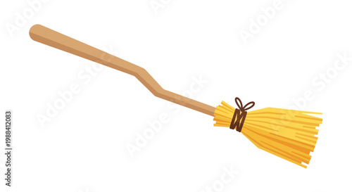 Cartoon Wooden Broom Illustration, Traditional Straw Broom Cleaning Tool