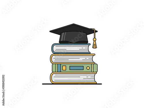 Academic mortarboard placed on top of stack of various books for educational achievement.