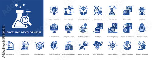 Science and Development Icon set Collection in Glyph Two Color Style. research, innovation, laboratory, technology, growth, chemical