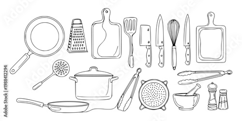 Kitchen utensils and cookware drawn in clean line art style on white background, representing cooking tools concept