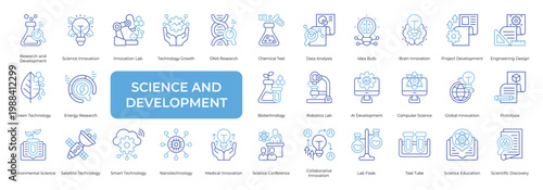 Science and Development Icon set Collection in Line Two Color Style. research, innovation, laboratory, technology, growth, chemical