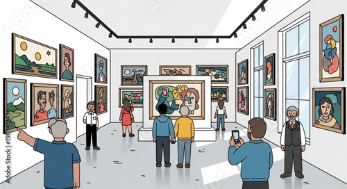 People Admiring Artworks in a Modern Art Gallery Exhibition.