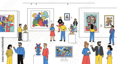 People Admiring Artworks in a Modern Art Gallery Exhibition.