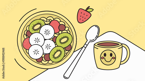 Cute cartoon breakfast bowl with fruits and coffee mug with smile illustration