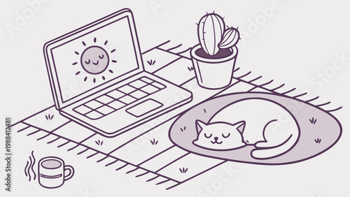 Cozy workspace with laptop cat sleeping on cushion and coffee cup creating calm home office atmosphere illustration