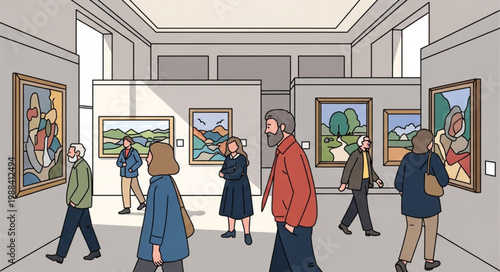 People Admiring Artworks in a Modern Art Gallery Exhibition.
