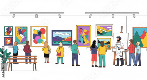 People admiring colorful paintings in an art gallery exhibition.