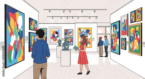People admiring colorful abstract paintings in a modern art gallery exhibition.