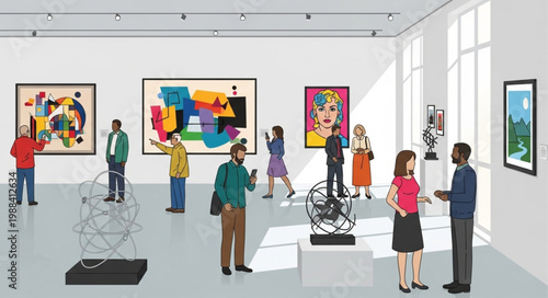 People admiring contemporary art in a modern museum gallery exhibition.