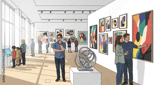 People admiring modern art paintings and sculptures in a bright contemporary art gallery exhibition hall.