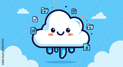 Cartoon cloud character with files and downloads digital storage concept