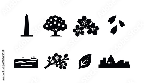 Sakura in Washington DC. Filled icon set of Sakura in Washington DC: washington monument, cherry blossom tree,