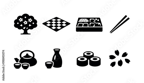 Spring Hanami Picnic. Filled icon set of Spring Hanami Picnic: cherry blossom tree, picnic cloth, bento box,