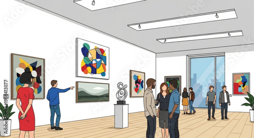 People admiring modern art paintings and sculptures in a bright gallery.