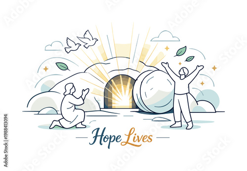 Light from the tomb. A symbolic empty tomb with radiant light flowing outward, abstract shapes and soft beams