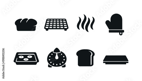 Home Baking Scene. Filled icon set of Home Baking Scene: sweet bread loaf, cooling rack, hot steam, oven mitt,