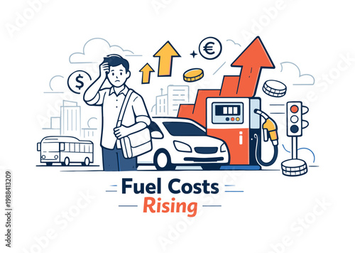 Urban commuting and high fuel expenses. A commuter standing near a car and fuel pump with rising price
