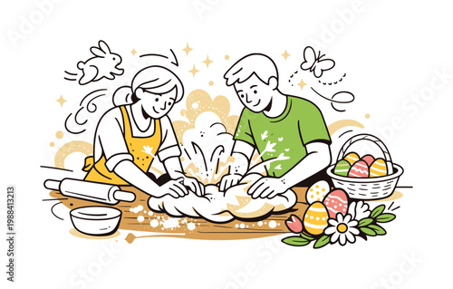 Easter Baking Bliss. Flour dust in air baking Easter atmosphere. Hands knead dough on a wooden table as soft