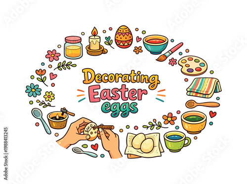 Decorating Easter eggs. Hand drawn illustration of Decorating Easter eggs. hands, egg, wax tool, candle, dye