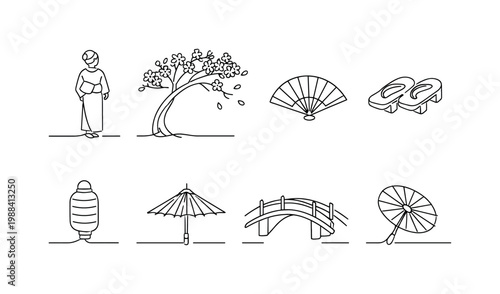 "Kimono Girl Under Cherry Blossom Tree Japan". Minimalistic set one-line drawing kimono girl standing, cherry