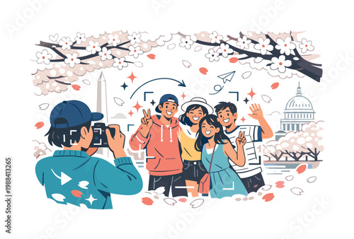 Blossoms and Friends. Cherry blossom festival photography scene DC. A group of friends pose for photos under
