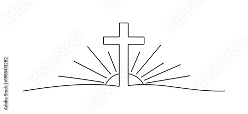 "Easter Sunrise Cross Background". Minimalistic one-line drawing cross silhouette with sun rays emerging from
