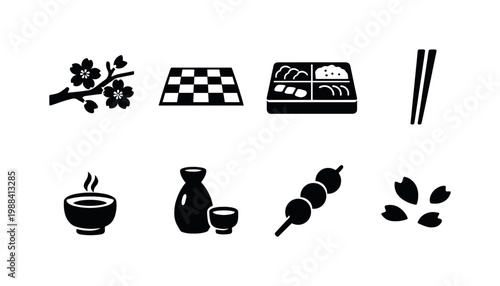 Japanese Hanami Tradition. Filled icon set of Japanese Hanami Tradition: sakura branch, picnic blanket, bento