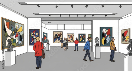 People admiring modern art paintings and sculptures in a brightly lit gallery.