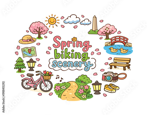 Spring biking scenery. Hand drawn illustration of Spring biking scenery. bicycle, cherry blossom trees, sakura