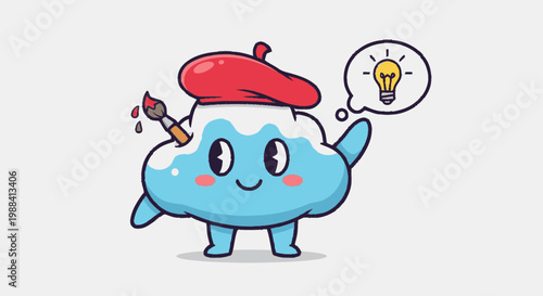 Cartoon cloud character with paintbrush red beret and light bulb idea