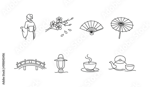 "Japanese Cultural Sakura Moment". Minimalistic set one-line drawing kimono figure, cherry blossom branch,