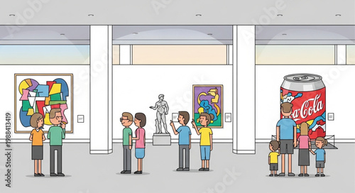 People admire modern art and a giant soda can at a museum exhibition.