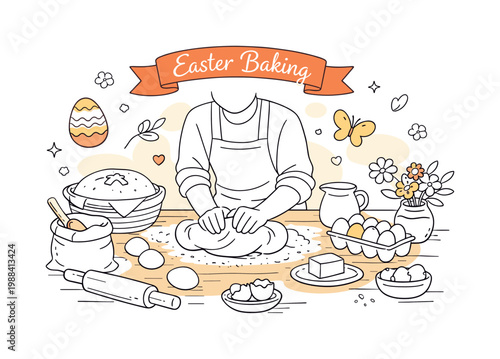 Farmhouse kitchen Easter baking lifestyle scene. A cozy rustic kitchen with a person kneading dough on a